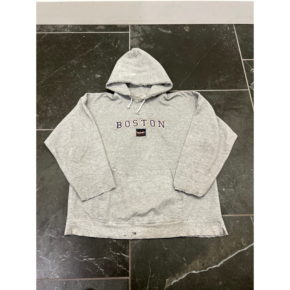 Vintage Hanes Boston Massachusetts Hoodie Gray Distressed Sweatshirt Mens L